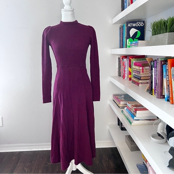 Pamela Love Size S Sweater Shift Dress Maroon Ribbed Mock Neck Long Sleeves - Picture 4 of 14